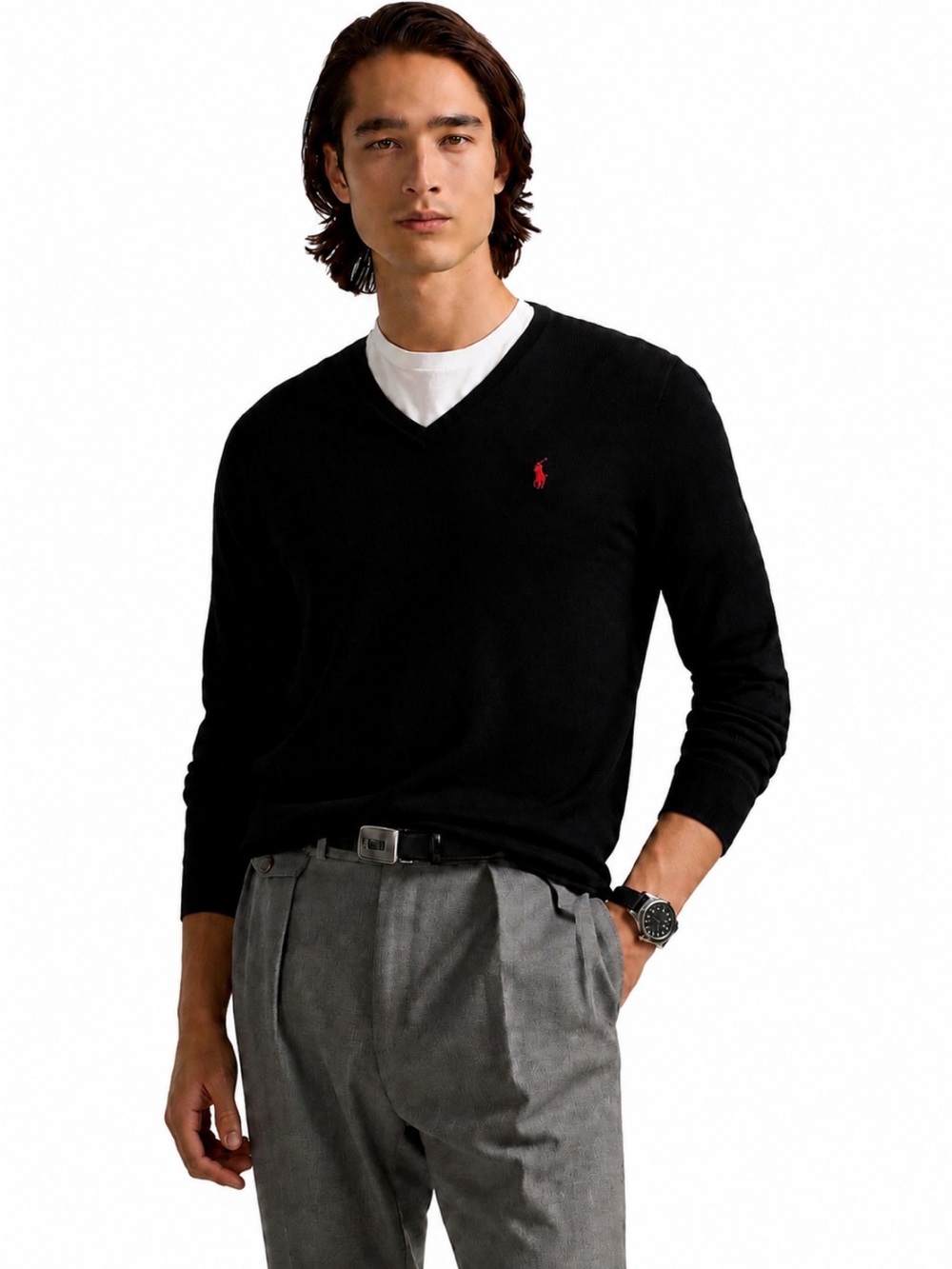 Polo Ralph Lauren Custom Fit Merino Wool Black V-Neck Sweater EUC!